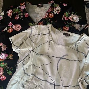 Lot of 2 Jaanuu Scrub Tops. XL. Black Floral and Marble Prints.